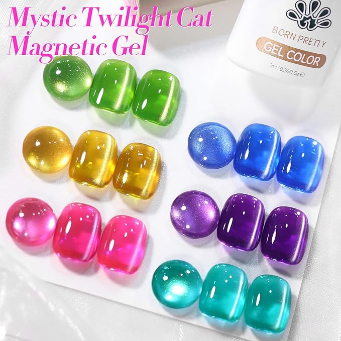 Born Pretty Cat Magnetic Eye Gel Nail Polish Neon Glazed Glass Crystal Magnetic Gel Spring Summer Yellow Green Pink Blue Purple Translucent Gel Polish Set Manicure Nail Art DIY at Home-Velvo Beauty