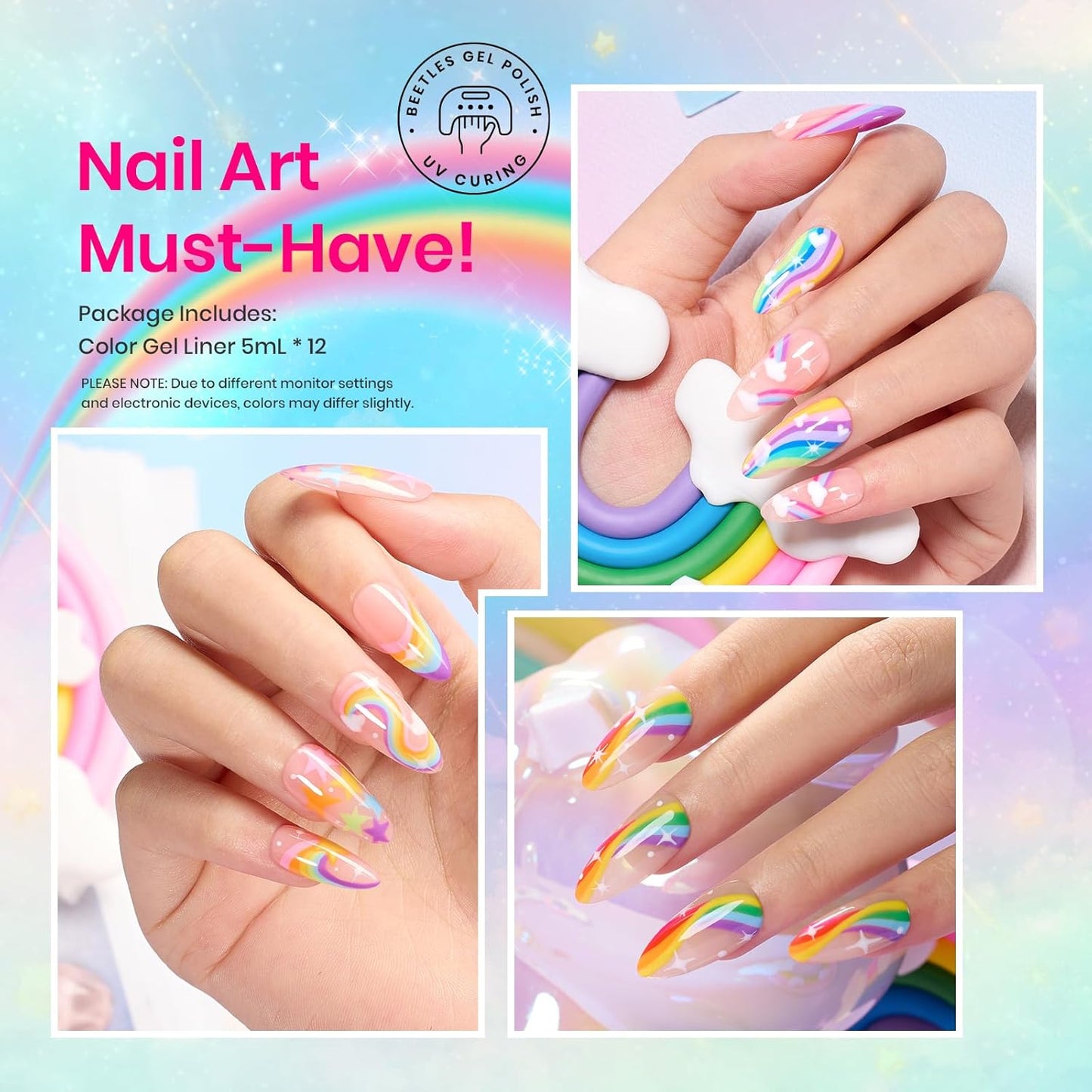Beetles Summer Rainbow Nail Art Gel Liner Set, 12 Colors Neon Gel Nails Polish Pink Orange Blue Yellow Swirl Nails Built Thin Nail Art Brush in Bottle Soak Off Uv Lamp Manicure Salon Gifts for Women-Velvo Beauty