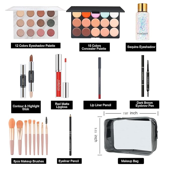 VERONNI Makeup Kit for Girls Women Full Kit ,All In One Makeup Gift Starter Set -Eyeshadow Palettes,Concealer ,Contour ,Lipgloss, Lipliner,Eyeliner,Makeup Brush,Eyebrow Pencil ,Travel Bag for Teens Birthday Christmas-Velvo Beauty