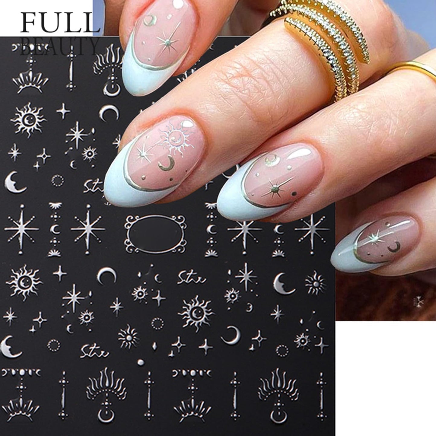 Metallic Silver Nail Art Stickers 3D Self-Adhesive Nails Stickers Bohemian Sun Moon Hexagram Butterfly Heart French Tip Decal Supplies Women DIY Silver Metal Nail Art Decoration 4Sheets-Velvo Beauty