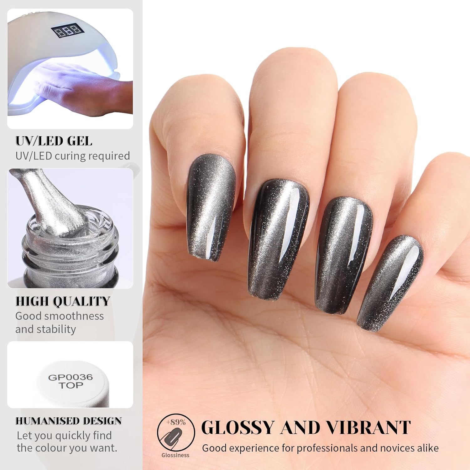 Crystal Cat Eye Gel Nail Polish,15ml Holographic Galaxy Gel Polish Soak Off UV LED Nail Lamp Magnetic Silver Shimmer Velvet Gel Nail Polish for Manicure Salon DIY Home - GP0082-Velvo Beauty