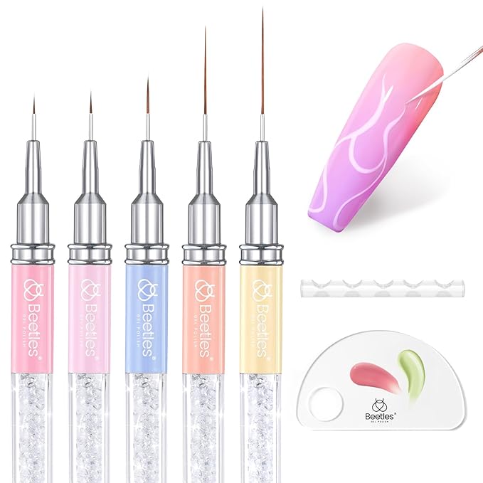 Beetles Gel Polish Nail Art Liner Brushes 5Pcs Painting Art Design Pen Set Diamond Application Rhinestone Handle Drawing Nail Art Brushes Tools Sizes 5/6/11/20/25mm Nail Art Design Gift for Women-Velvo Beauty