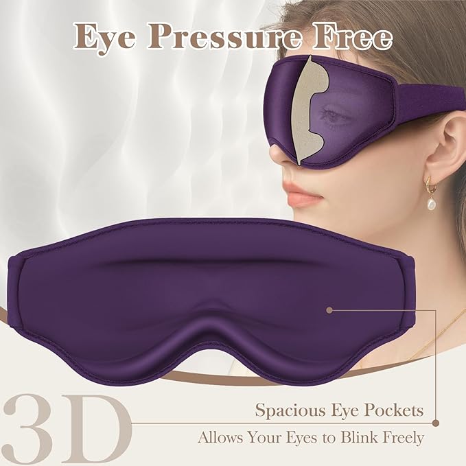 3D Cooling Eye Mask Sleep Mask for Men & Women, 100% Pressure-Free & Light Block-Out Eye Mask for Sleep with Easy Adjustable Strap, Night Eye Cover for Travel, Purple-Velvo Beauty