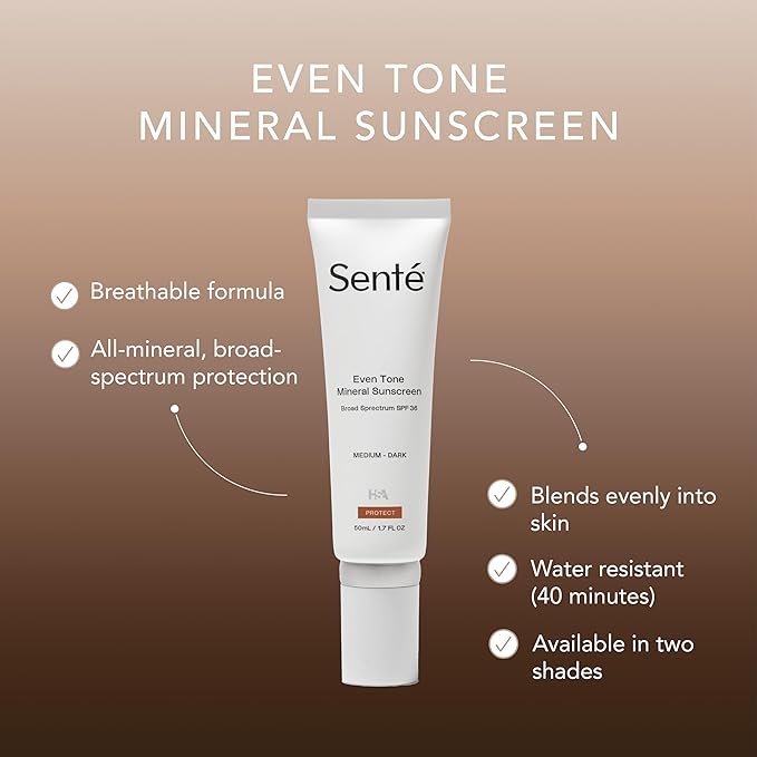 Senté Even Tone Mineral Sunscreen Tinted | SPF 36 Medium-Dark | Hydrating, Lightweight Sun Protection Treatment for Redness & Discoloration | UVA/UVB & Blue Light Defense | 1.7 oz-Velvo Beauty