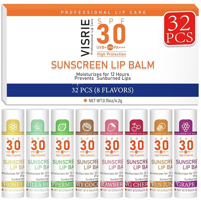 SPF 30 Lip Balm with Sunscreen, SPF Lip Balm Bulk Travel Size-32 Pack, Hydrating Lip Balm Pack with Vitamin E and Coconut Oil- 8 Flavors-Velvo Beauty
