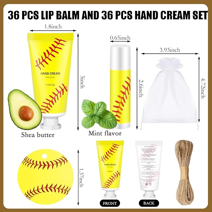 144 Pcs Softball Lip Balm Hand Cream Set Softball Accessories Softball Party Favors Including 36 Softball Lip Balm 36 Moisturizing Hand Cream 36 Bags 36 Softball Cards and Ropes for Kids Gifts-Velvo Beauty