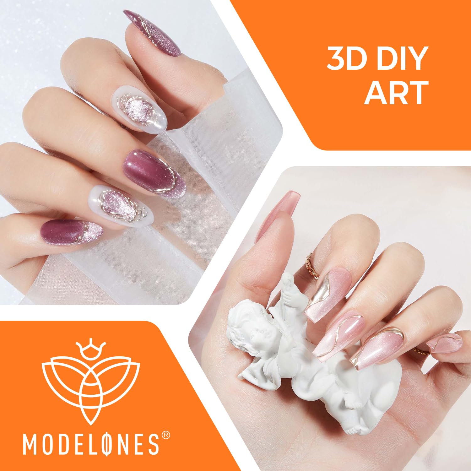 Modelones 3D Gel Nail Art, Sculpting Gel Glue for Molding, Drawing, Charms & Gems Glue, Nail Stuff for Chrome Powder and Rhinestone Design No Wipe, U V Light Cured Salon & DIY Use-Velvo Beauty