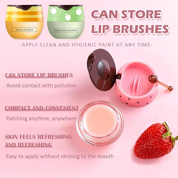 Bee Lip Balm Honey Pot,3 PCS Strawberry&Honey&Apple Lime Lip Sleeping Mask,Hydrating Prevention Dry and Cracked Lip Scrubs Exfoliator Lip Care,Moisturizing Lip Mask Overnight Reduces Lip Lines-Velvo Beauty