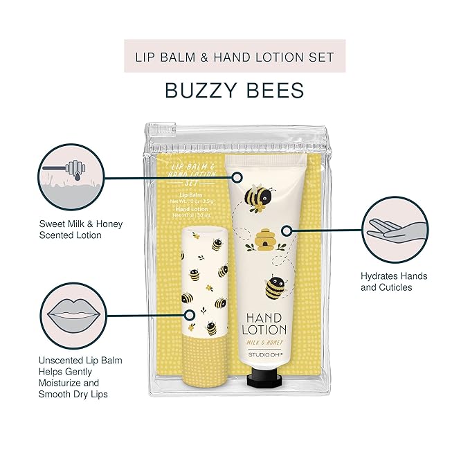 Studio Oh! Lip Balm & Hand Lotion Set - Travel-Size Toiletries, 2-Piece Gift Set - Moisturizing, Portable - Buzzy Bees-Velvo Beauty
