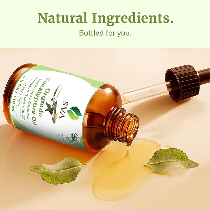 SVA Eucalyptus Essential Oil Organic – 4 Fl Oz – 100% Natural Organic Eucalyptus Oil - for Diffuser, Hair, Face, Skin Care, Aromatherapy, Scalp and Body Massage, Soap and Candle Making - with Dropper-Velvo Beauty