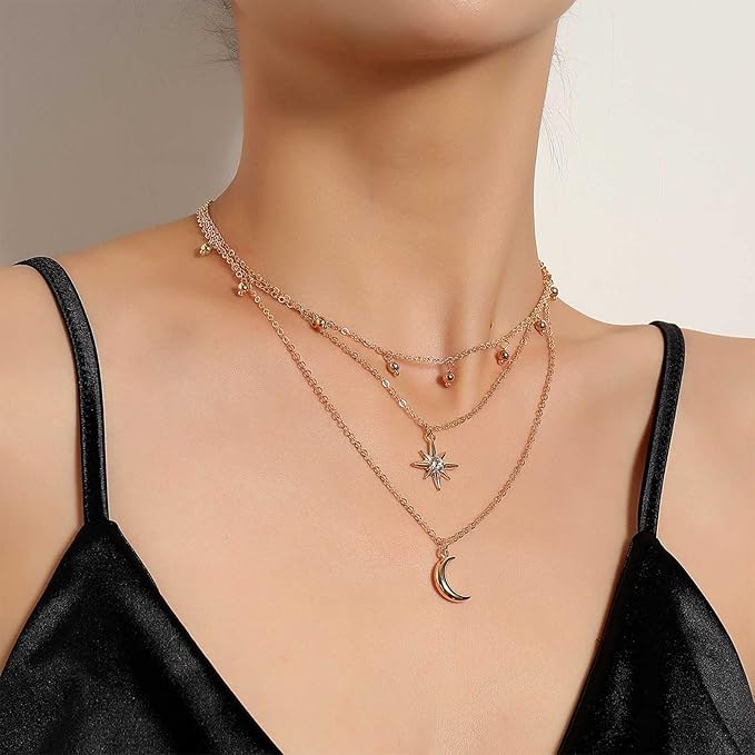 Bohemia Layered Star Choker Necklace Crescent Moon Pendant Necklace Chain Crystal Star Choker Necklace Gold Moon Necklace Jewelry for Women and Girls-Velvo Beauty