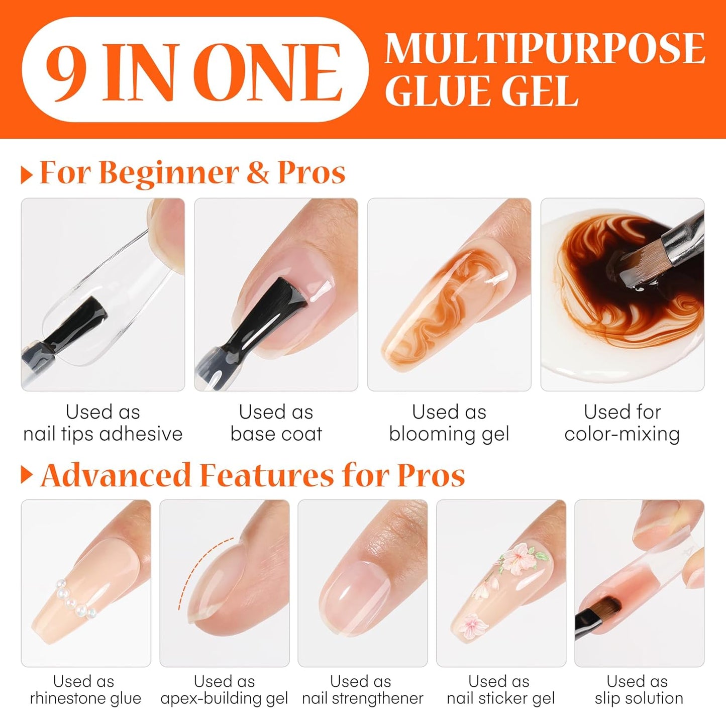 9 in One Nail Glue Gel for Acrylic Nail Tips, Super Strong Long-lasting, Curing Needed U V Extension Glue for Clear Fake Nail Tips, Press ons, Base Gel, 15ml-Velvo Beauty