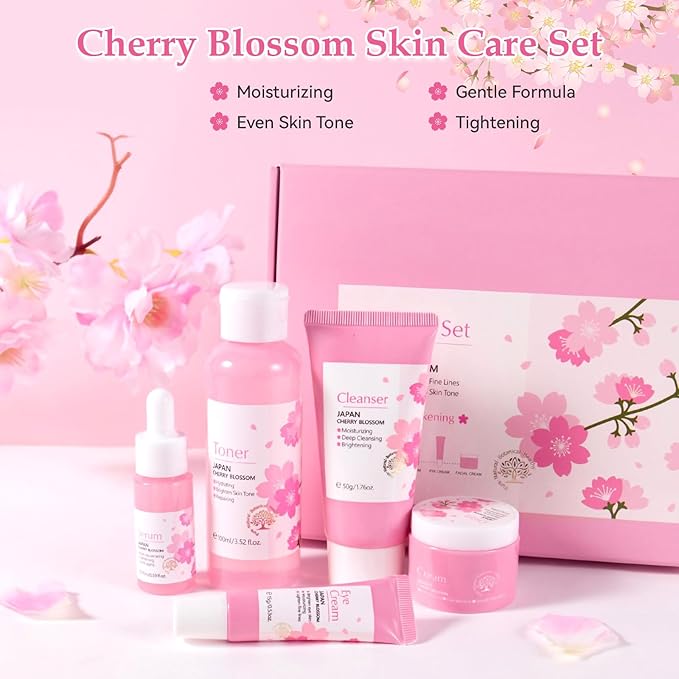 Skin Care Set, Cherry Blossom Skin Care Sets & Kits, Skin Care for Teenage Girls Gift Set with Cleanser, Toner, Serum, Eye Cream, Facial Cream, Facial Skin Care Sets & Kits for Teenage Girls Women-Velvo Beauty