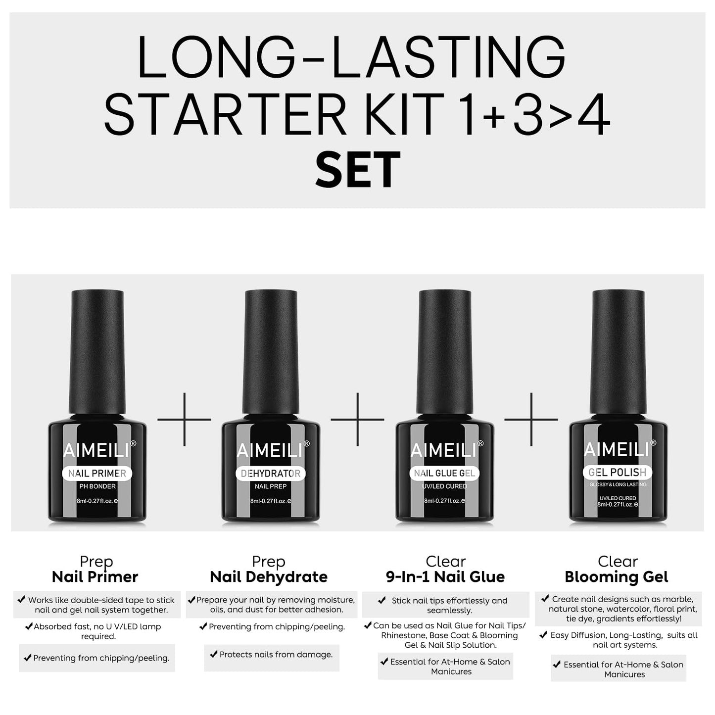 AIMEILI Nail Dehydrator Primer Nail Glue Blooming for Gel Nail Polish 4pcs, Cruelty Free, Vegan, U V LED Nail Art-Velvo Beauty