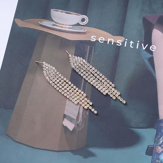 Vintage Rhinestone Chandelier Tassel Earrings Crystal Chain Drop Earrings Gold Long Tennis Chain Earrings Shine Chandelier Bridal Earrings Jewelry for Women-Velvo Beauty