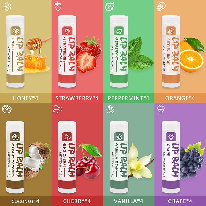 32 Pack Lip Balm, Natural Lip Balm Bulk with Vitamin E and Coconut Oil, Moisturizing Lip Balm for Stocking Stuffers - 8 Flavors-Velvo Beauty