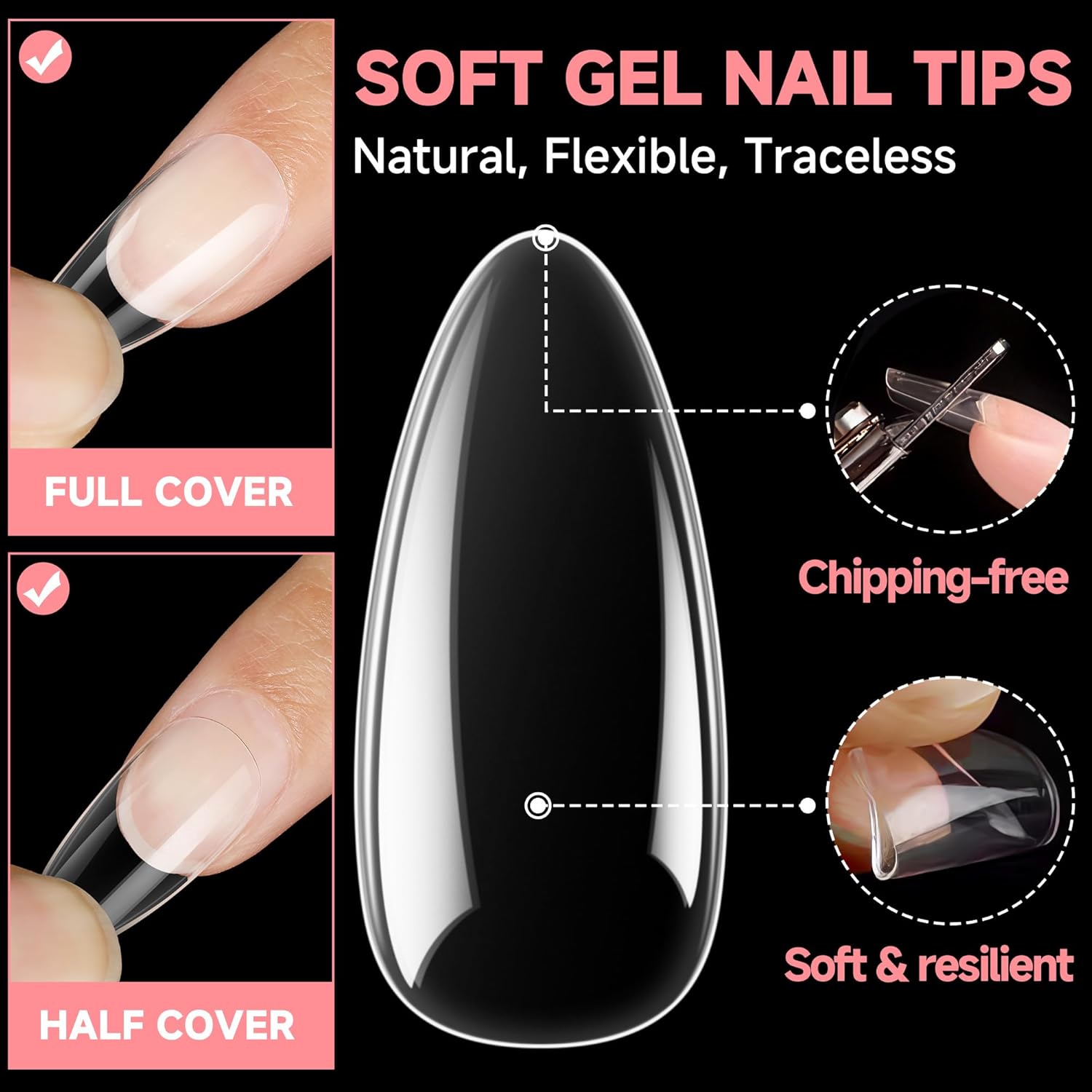 UNA GELLA Almond False Nails, 504pcs Soft Gel Tips, Clear, Medium, 12 Sizes, for Nail/Dip/Poly Extensions, Press On Nails-Velvo Beauty