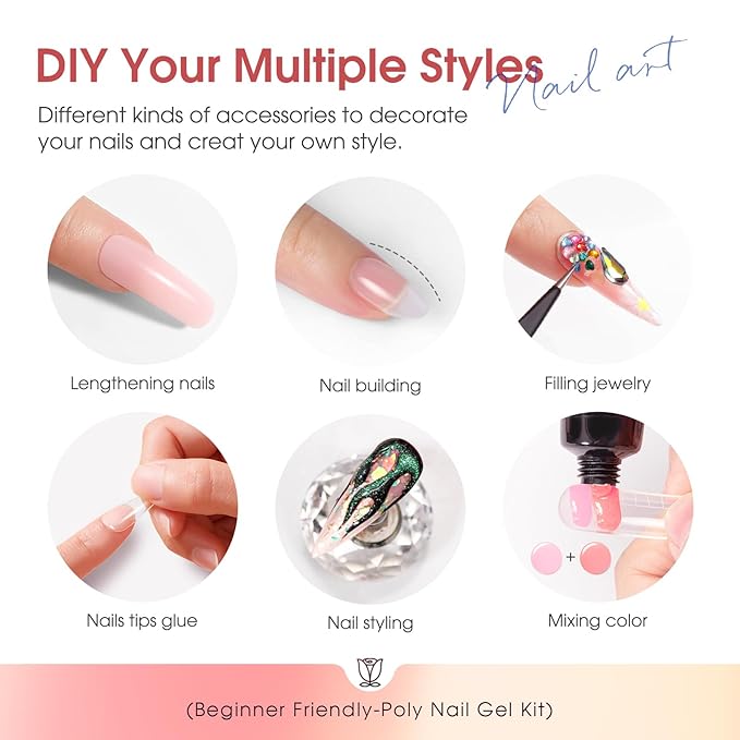 Poly Nail Gel Starter Kit -14 Colors + 75 Nails Art Accessories Kits, ROSALIND Nue Clear Poly Extension Gel with Big UV Light 48W and Electric Nail Drill Starter Kit with Everything-Velvo Beauty