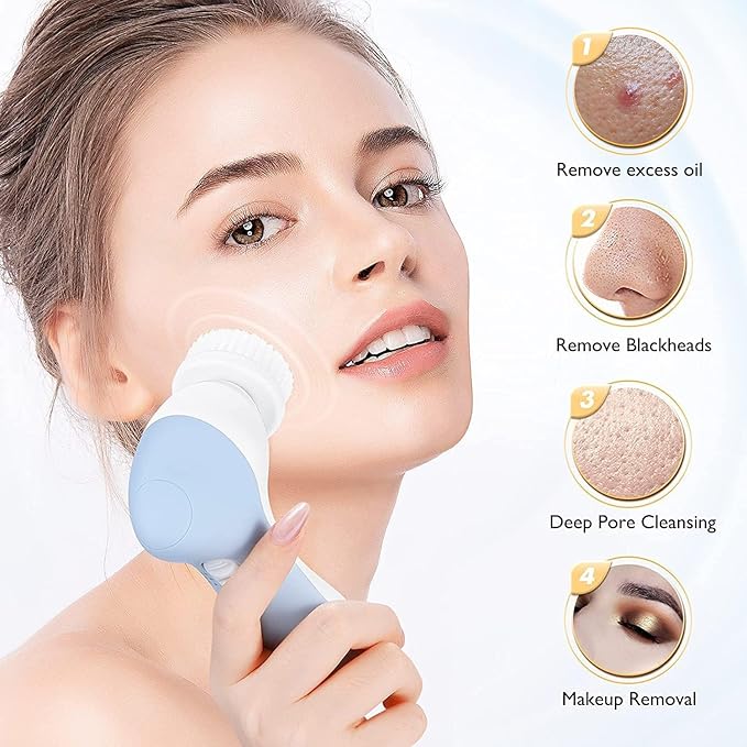 COSLUS Facial Cleansing Brush Silicone Face Scrubber: 2 in1 FBS-D Electric Exfoliating Massage Device Waterproof Deep Cleaning Exfoliation Rotating Spa Machine - Electronic Skin Care Wash Clean System-Velvo Beauty