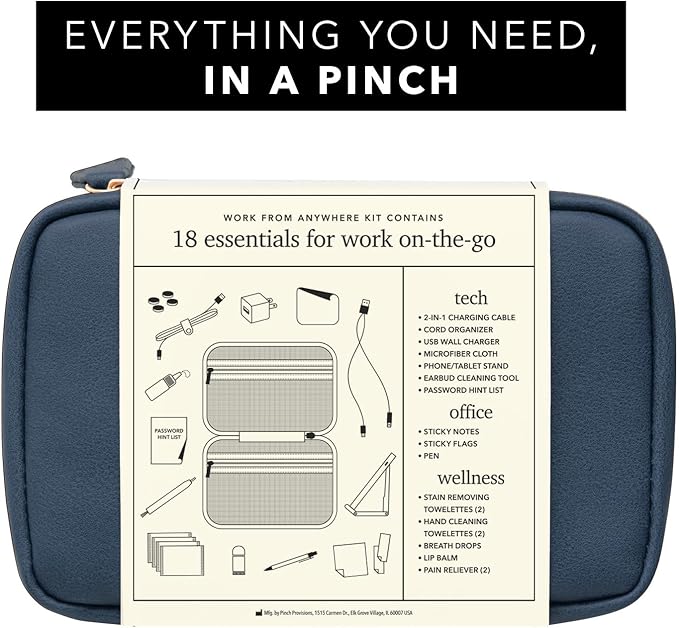 Pinch Provisions Work from Anywhere Kit, Includes 18 Essentials to Help You Stay on Task, Must-Have Essentials, Compact Multi-Functional Vegan Leather Pouch, Navy-Velvo Beauty