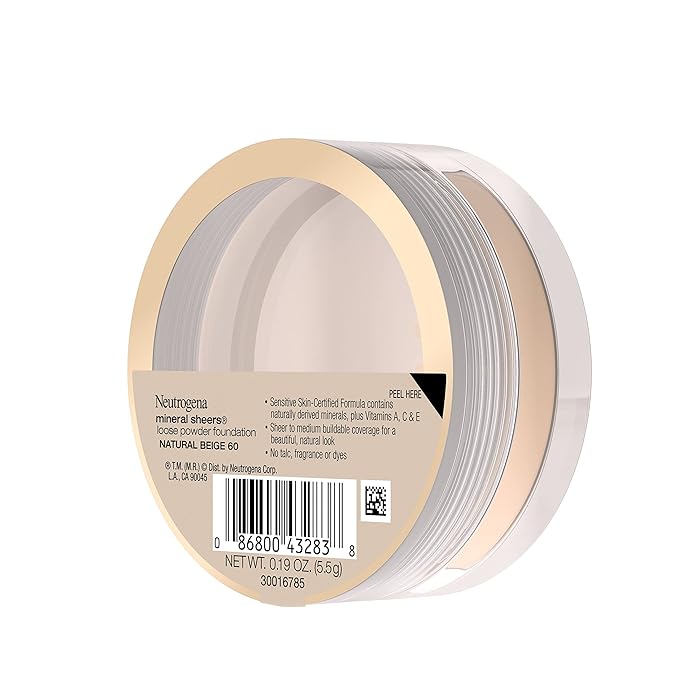 Neutrogena Mineral Sheers Lightweight Loose Powder Makeup Foundation with Vitamins A, C, & E, Sheer to Medium Buildable Coverage, Skin Tone Enhancer, Face Redness Reducer, Natural Beige 60,.19 oz-Velvo Beauty