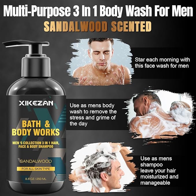 Gifts for Men,Mens Body Wash Gift Set Cleansing & Hydrating Skin w/Face Wash,Deodorant,Sandalwood & Cologne 3 in 1 Hair,Face & Body Wash,Mens Stocking Stuffers Christmas Gifts for Men Him Dad Husband-Velvo Beauty