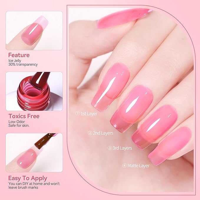 BORN PRETTY Jelly Gel Nail Polish Set,Sheer Nude Pink Natural Color Ice Transparent Tranlusent Gel Polish Kit for Salon Manicure and Nail Art DIY at Home 6PCS 7ml-Velvo Beauty