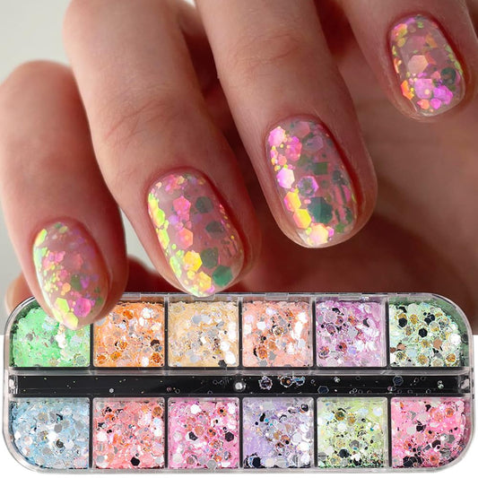 12 Grids Colorful Mermaid Nail Sequin Holographic Nail Art Glitter,Iridescent Nail Art Flake Glitter Decals Glass Paper Design Nail Accessories Acrylic Nails for Women Make Up DIY Nail Decoration-Velvo Beauty