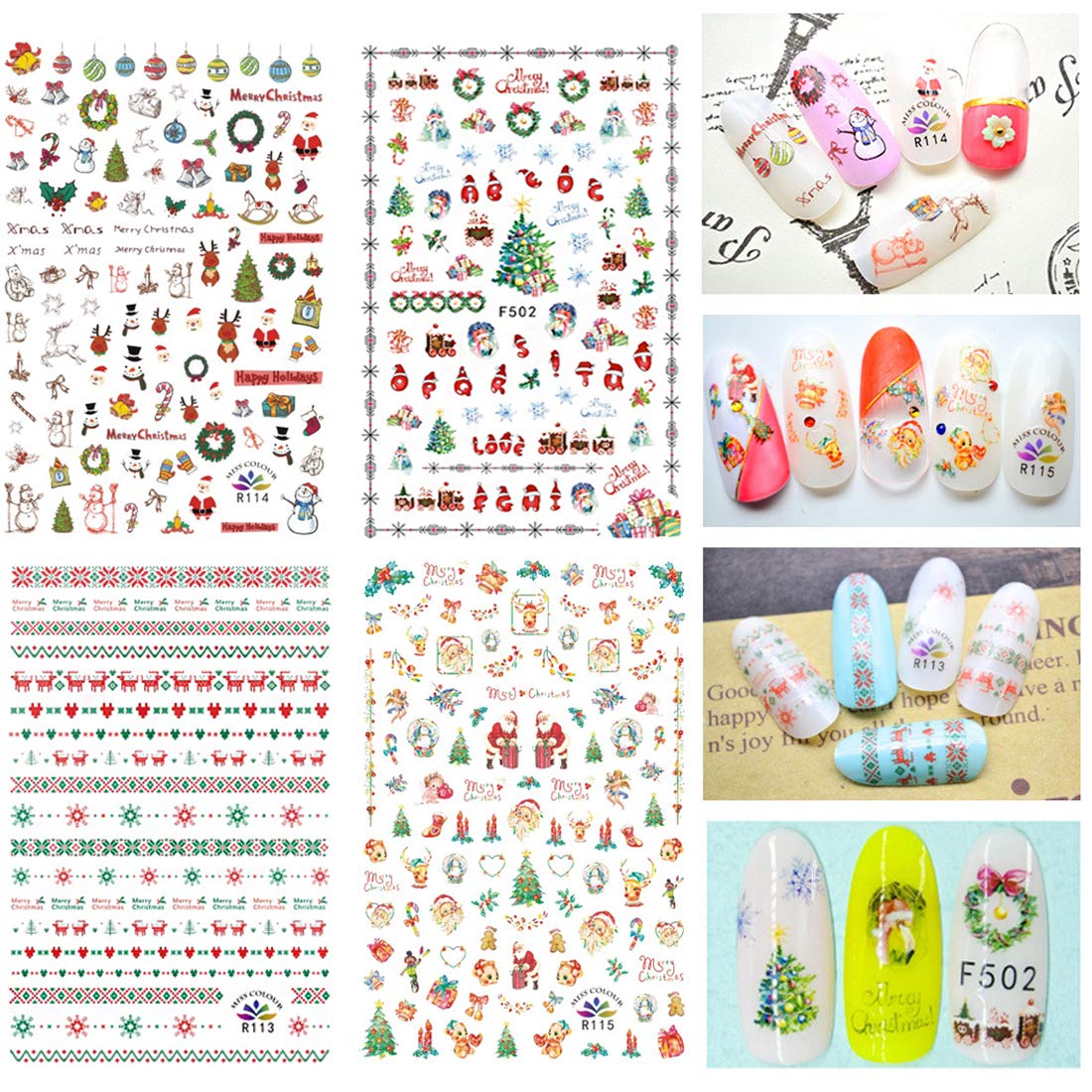 1000 Patterns Christmas nail art sticker decals, Kalolary Self-Adhesive Nail Stickers Santa Claus Snowflake Snowman Christmas Bell Tree Stick Elk for Christams Nail Decoration Gift(12 Sheets)-Velvo Beauty