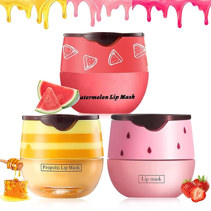 3PCS Bee Lip Balm Honey Pot,Honey Strawberry Watermelon Lip Mask Overnight Moisturizing Lip Balm,Hydrating Prevention Dry & Cracked Nourishing Sleeping Lip Mask (Honey+Strawberry+Watermelon)-Velvo Beauty