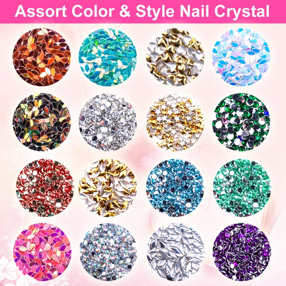 6400pcs Nail Art Rhinestones, Nail Crystal Gems Nail Diamonds, Gold Silver Nail Studs Colorful Nail Sequins & Rhinestones for Nails Kit with Tweezers and Wax Pen for Nail Art Supplies Accessories-Velvo Beauty