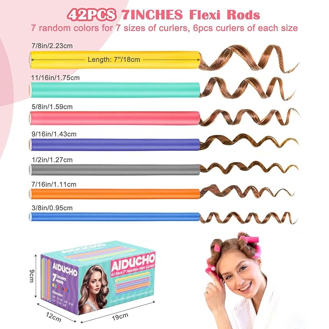 AIDUCHO Heatless Hair Curlers 42PCS Flexible Hair Rollers 7" Soft Foam Hair Curlers No Heat Bendable Curling Rods for Short Medium Long Hair, 7 Colors & Sizes-Velvo Beauty