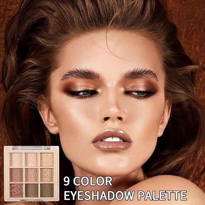 Erinde 9 Colors Eyeshadow Palette, Matte Shimmer Glitter Eye Shadow Makeup Palette, Highly Pigmented Long Lasting Waterproof, Natural Neutral Nude Eyeshadow Makeup Pallet, Cashmere-Velvo Beauty