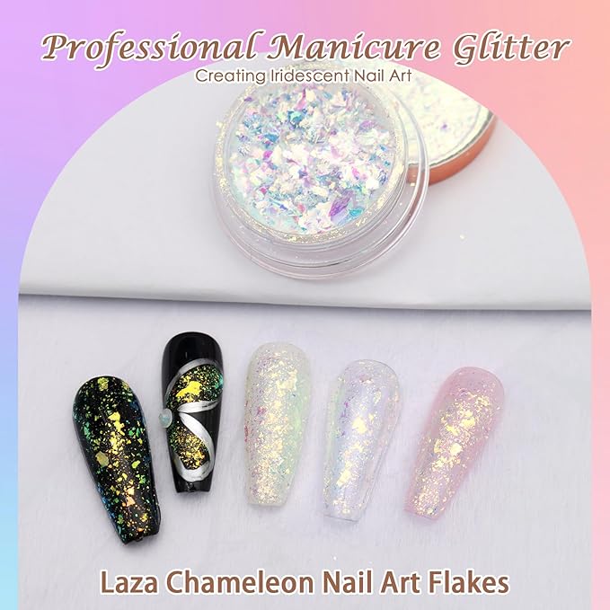 Laza Blue Green Chameleon Flakes Nail Glitter Irregular Opal Nail Foil Flakes Chunky Confetti Color-Shift Sequins Iridescent Fairy Dust for Mermaid Nails Design, Nail Decorations for Nail Art-Velvo Beauty