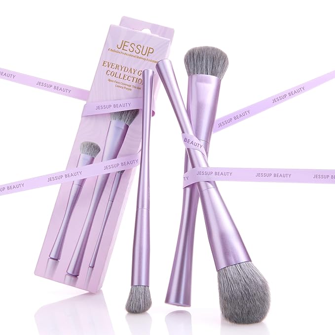 Jessup Face Makeup Brush Set 3 pcs, Ultra-Soft Dense Makeup Brushes for Foundation Contour Powder and Blush, Premium Synthetic Fiber, Luxury Purple T513-Velvo Beauty