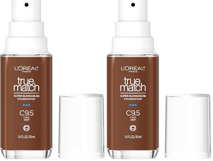 L'Oréal Paris True Match Super-Blendable Foundation, Medium Coverage Liquid Foundation Makeup with SPF 17, C9.5, Deep, 1 Fl Oz (Pack of 2)-Velvo Beauty