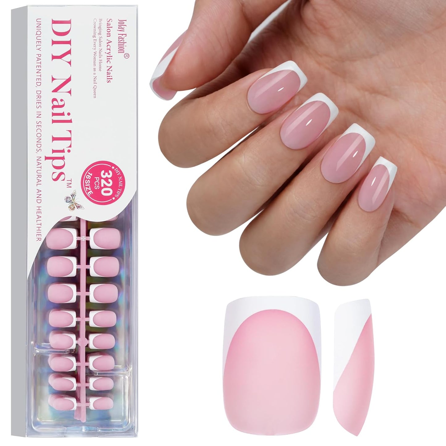 French Gel Nail Tips - Jofay Fashion Short French Tip Press on Nails, 10-Piece Set 320Pcs Pink Square Nail Tips, Pre-applied Tip Primer & Base Coat, No Need to File Fake Nails for Nail Art, 16 Sizes-Velvo Beauty