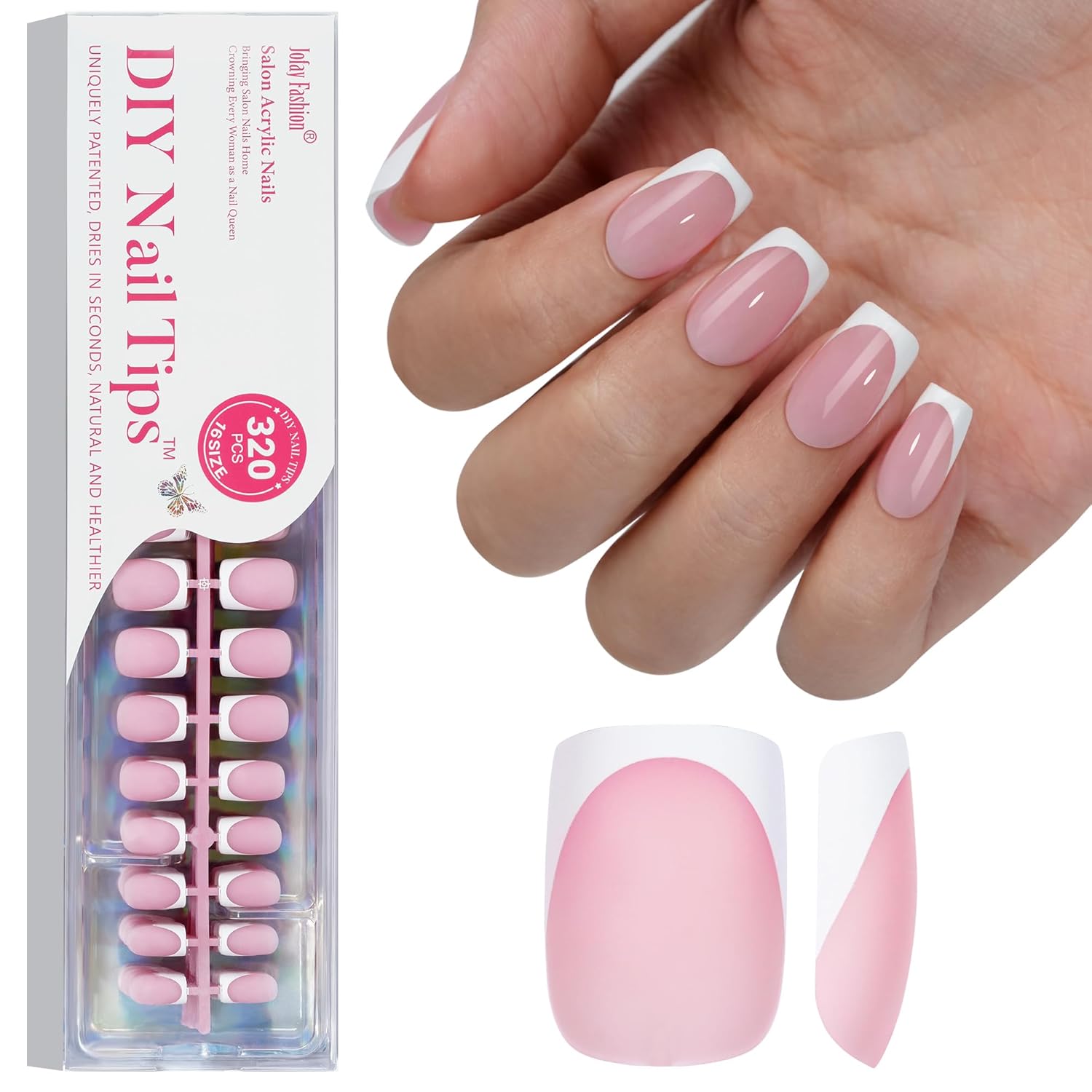 French Gel Nail Tips - Jofay Fashion Short French Tip Press on Nails, 10-Piece Set 320Pcs Pink Square Nail Tips, Pre-applied Tip Primer & Base Coat, No Need to File Fake Nails for Nail Art, 16 Sizes-Velvo Beauty