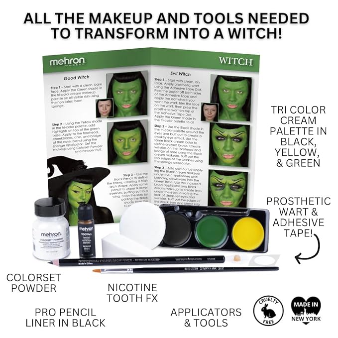 Mehron Makeup Premium Character Kits| Makeup Kits for Halloween & Cosplay| Made in the USA | Complete Makeup Kit | Includes all Makeup, Tools, & Instructions on How to Create the Look | (Witch)-Velvo Beauty