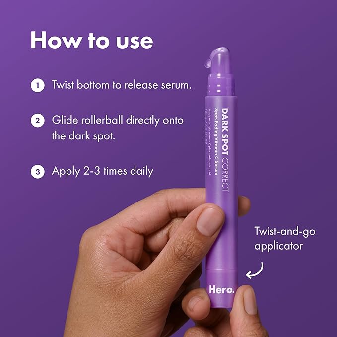 Hero Cosmetics Dark Spot Correct Spot-Fading 15% Vitamin C plus Hyaluronic Acid Serum. Improves the Look of Post Blemish Marks in 7 Days. Twist Applicator and Rollerball Tip for Easy Application. 10mL-Velvo Beauty