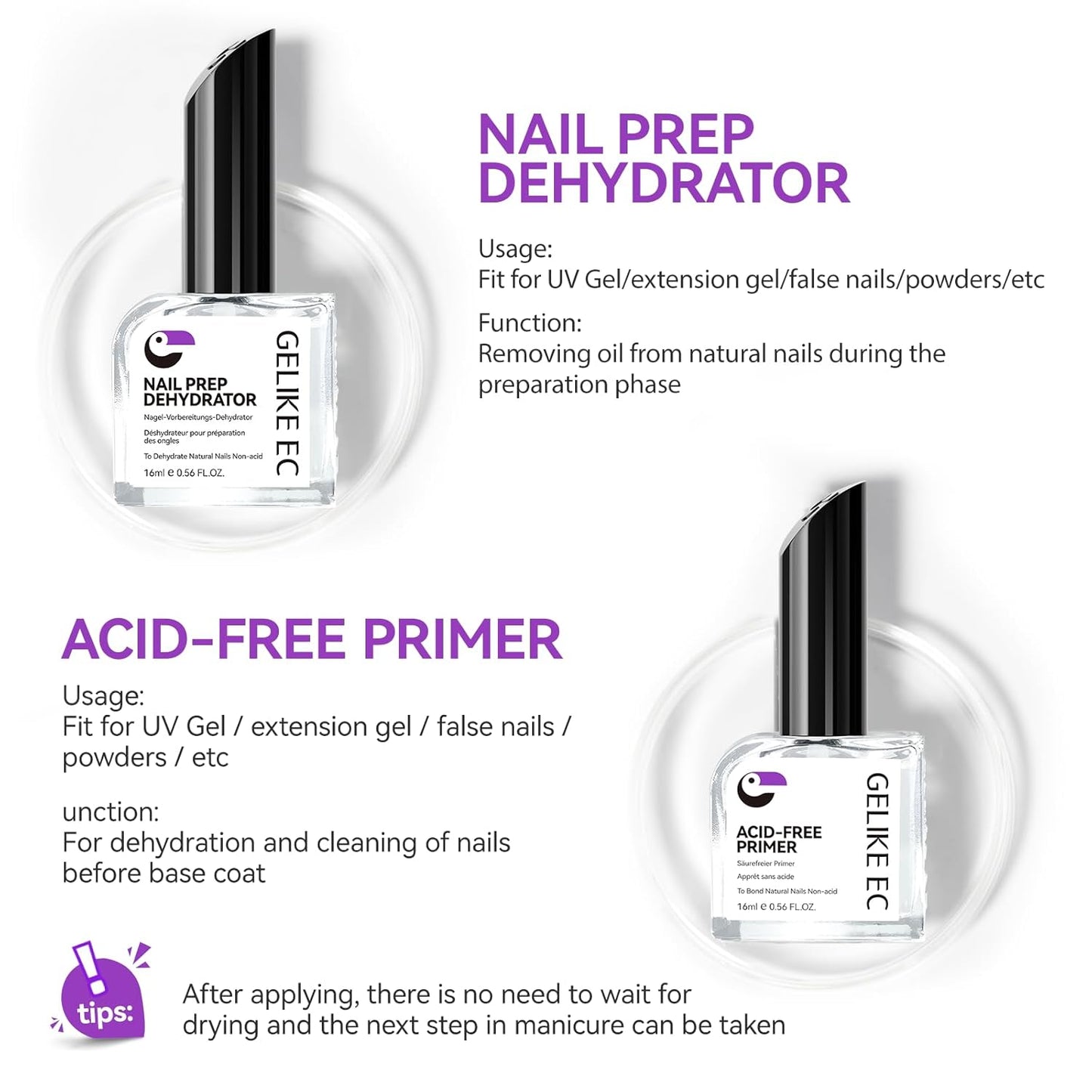 Nail Repair Prep Dehydrator and Primer Kit - Gelike EC Acid-Free Fast Air Dry for Bond Acrylic Gel Tips - Safe Healthy Foundation for Weak Thin Nails - Long Lasting for Professional Salon Manicure-Velvo Beauty
