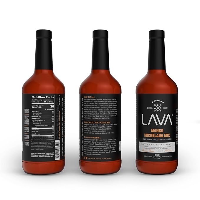 (3-Pack) LAVA Premium Mango Michelada Mix Made With Real Mango Puree, Ancho Chile Peppers, New Mexico Chile, Tamarind, Vegan, 1-Liter (33.8oz) Glass Bottle, Ready to Use-Velvo Beauty