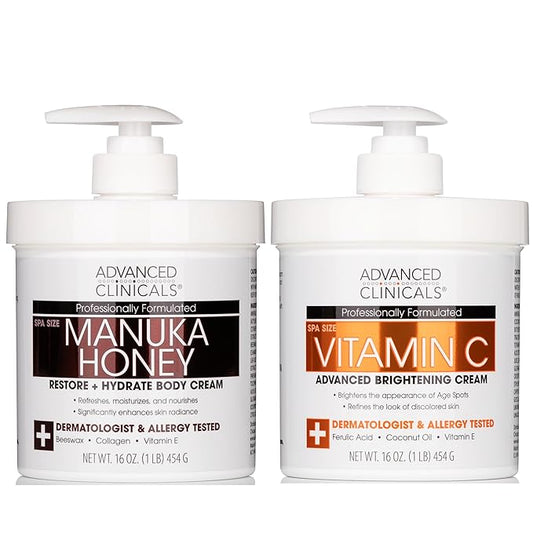 Advanced Clinicals Vitamin C Brightening Cream + Manuka Honey Body Lotion & Face Moisturizer 2pc Skincare Set For Women & Men | Body Butter Creams Help Reduce Appearance Of Dark Spots & Dry Skin, 2pc-Velvo Beauty