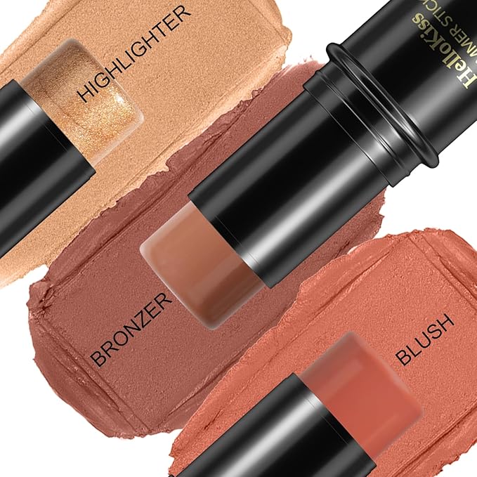 3 Pcs Face Contour Stick Kit, Matte Finish Face Stick Trio with Bronzer Blush Highlighter and Brush, Long Lasting Waterproof Cream Beauty Wand Makeup Set for Sculpt Glowing Face Look (#5, 6, 15)-Velvo Beauty