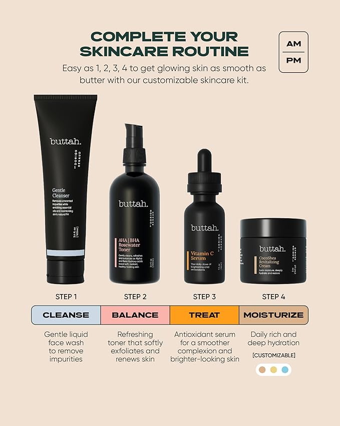 Buttah Skin Supreme Kit for Melanin Rich Skin | CocoShea Revitalizing Cream 2 oz | Vitamin C Serum 1 oz | Cleanser 3.4 oz | Rosewater Toner 3.4 oz | Black Owned Skincare-Velvo Beauty