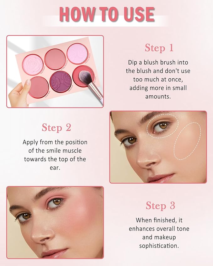 Matte Rose Face Blush Palette Kit with Brush-6 Color High Pigment Silky Mineral Blendable Blusher Contour Powder for Cheeks,Longlasting Eyeshadow Facial Beauty Cosmetic Makeup Gift for Women-Set 02-Velvo Beauty
