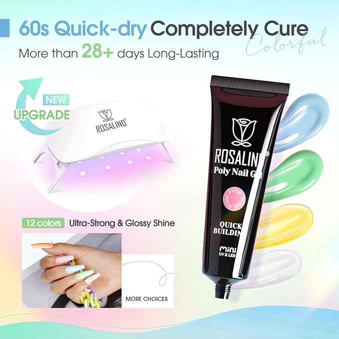 ROSALIND 12PCS Poly Nail Gel Kit with Mini Nail Lamp Nude Brown Cherry Pink Poly Extension Gel Kits-Velvo Beauty