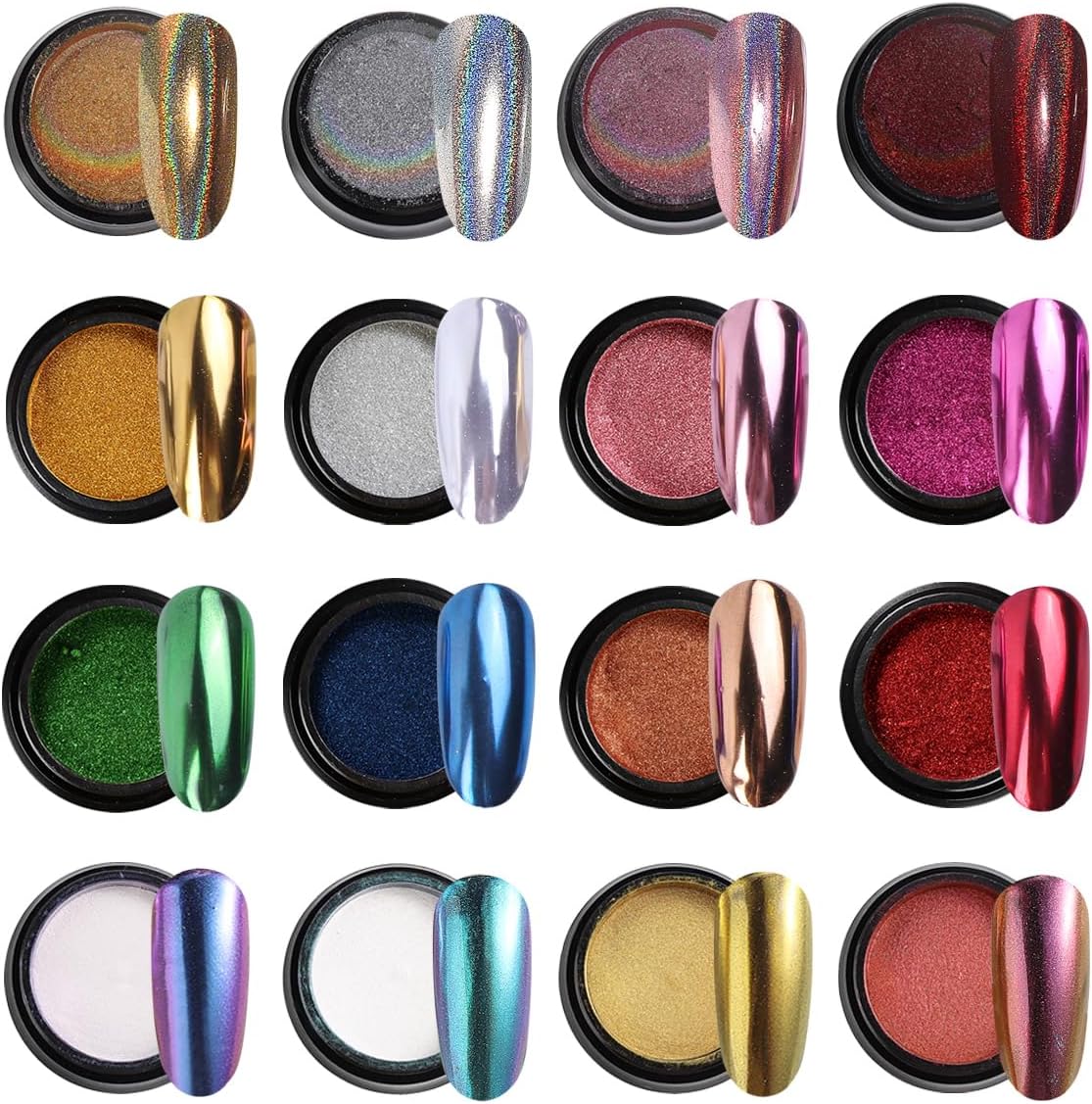 16 Colors Chrome Nail Powder Set, Metallic Mirror Effect Holographic Aurora Chameleon Pigment Glitter for Gel Polish Manicure Nail Art Decorations-Velvo Beauty