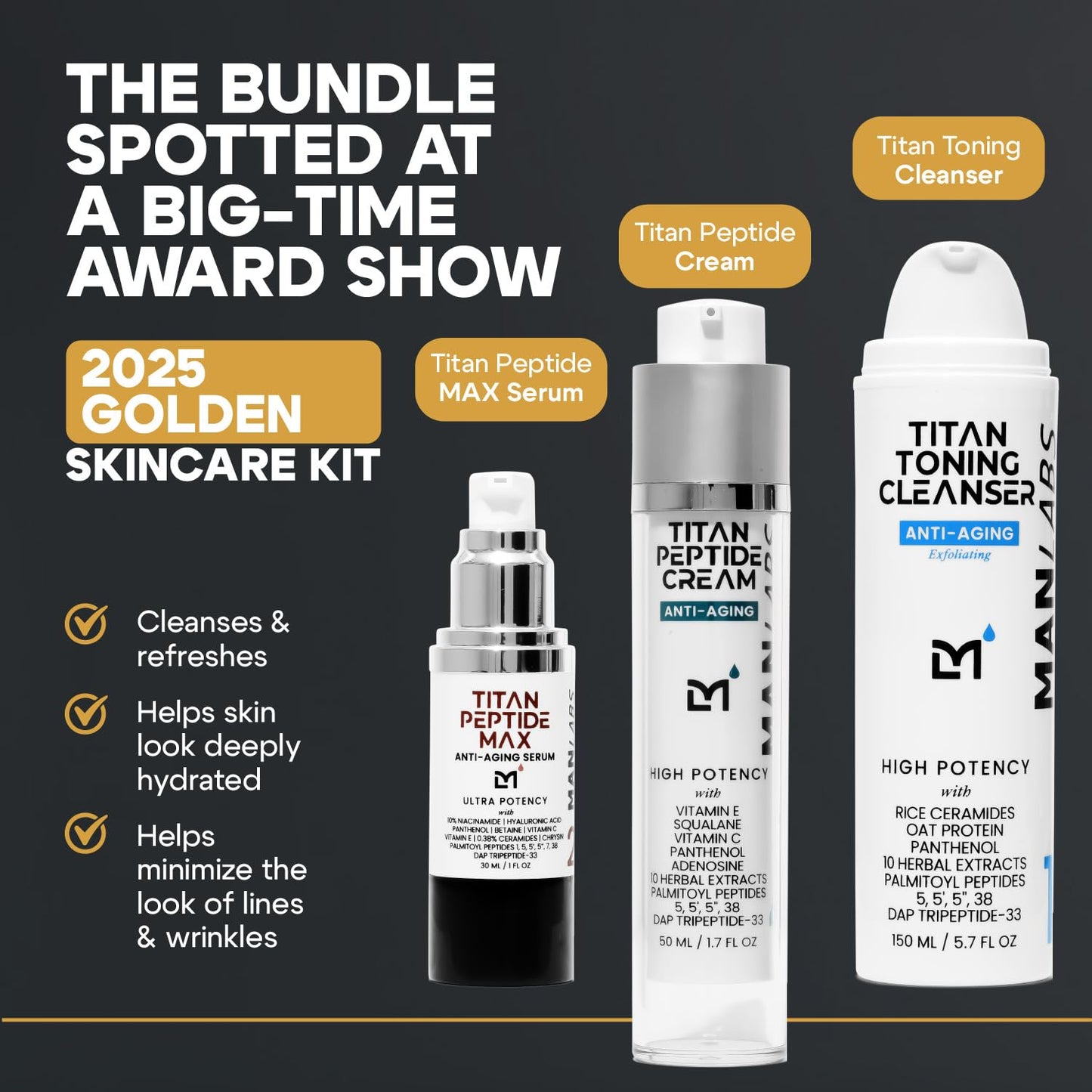 Titan Golden Anti-Aging Mens Skin Care Kit – Wash, Face Serum, Mens Face Moisturizer – Men, Skin Care Set – Dark Spots, Wrinkles, Fine Lines – Vitamin C, Peptides, Niacinamide, HA – Unscented-Velvo Beauty