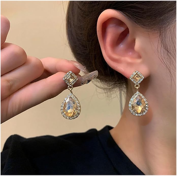 Vintage Crystal Teardrop Earrings Rhinestone Drop Earrings Sparkly Cz Teardrop Dangle Earrings Gold Square Gem Stud Earrings Jewelry for Women-Velvo Beauty